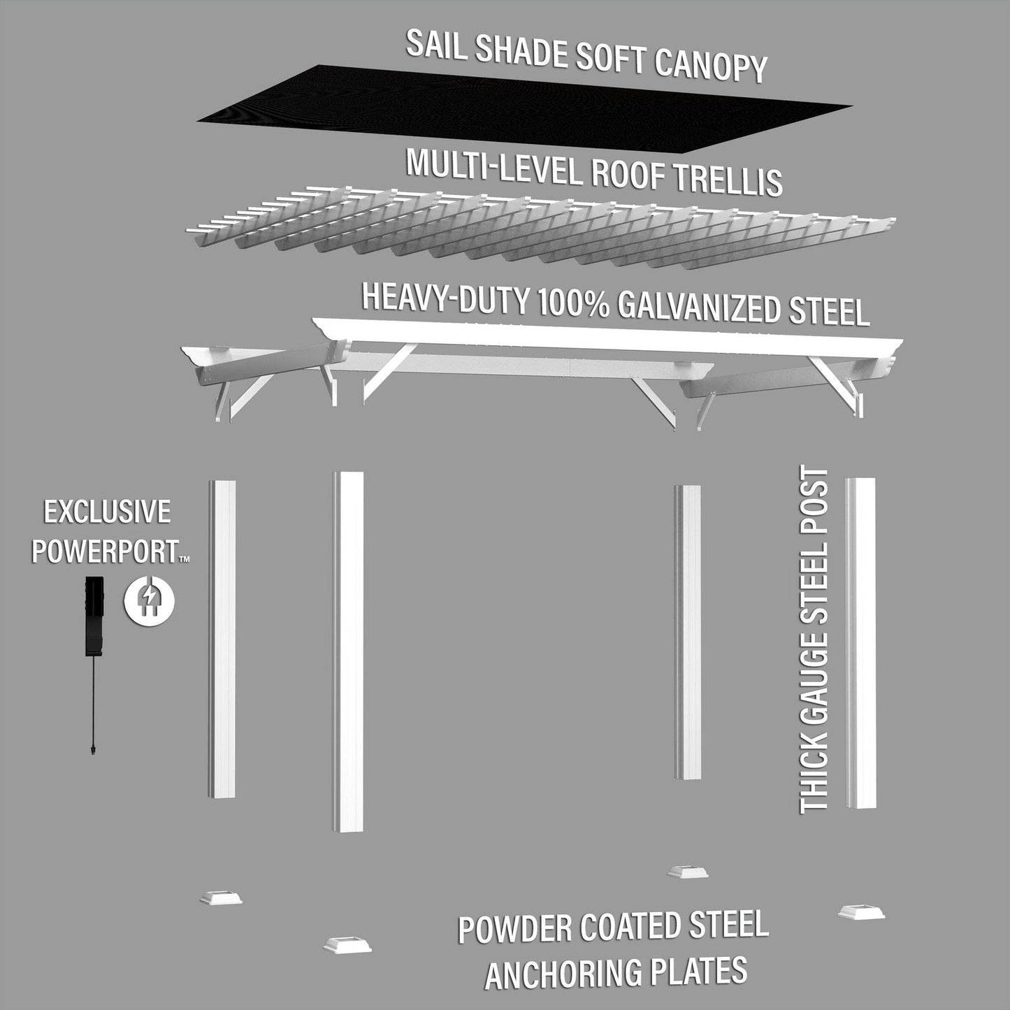 14×10 Hawthorne Traditional Steel Pergola with Sail Shade Soft Canopy